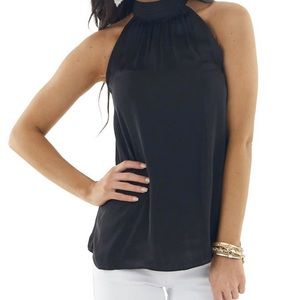 Black Halter Neckline Silky Woven Top